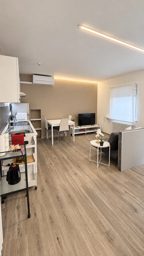 Vista d'insieme della zona giorno di Alkecè White, dalla cucina al soggiorno con TV